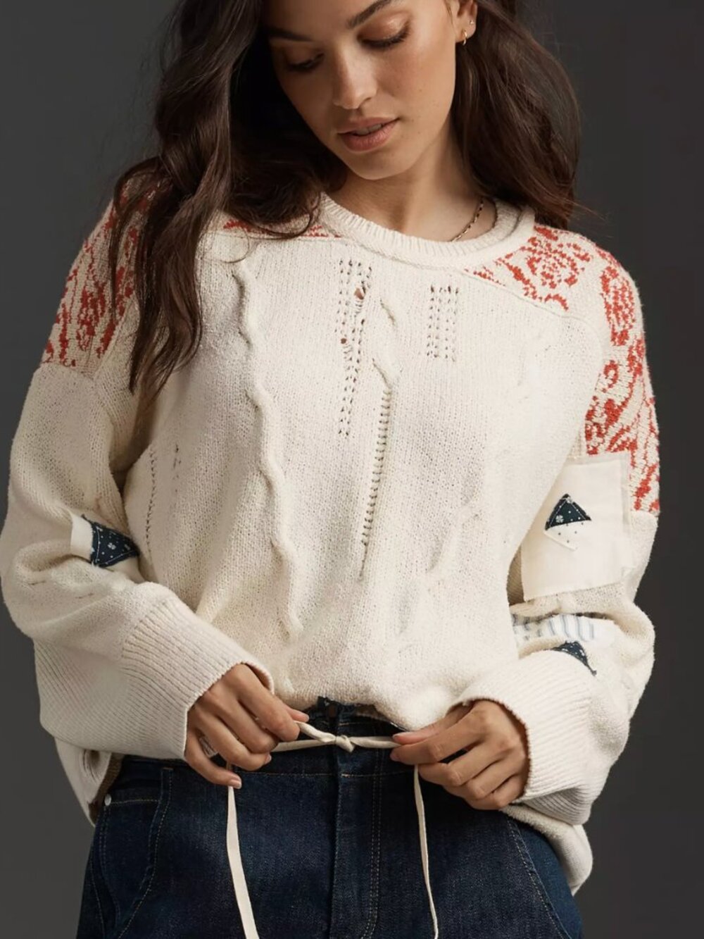 Pilcro Cream Sweater with Red Patterned Shoulders